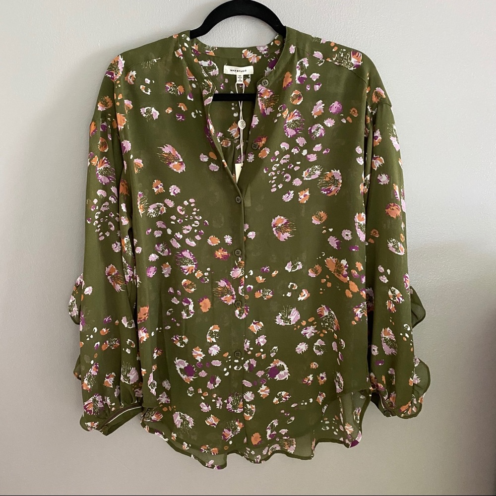 SOLD Max Studio Olive Floral Ruffle Blouse